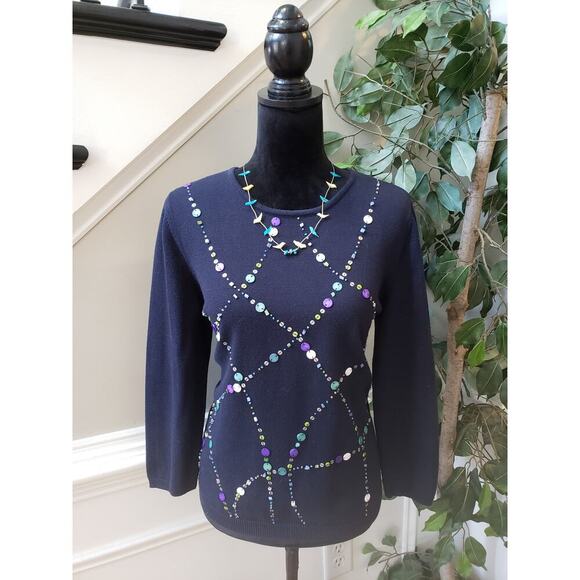 Alfred Dunner Sweater Women Small Navy Knit Beaded Sequin Long Sleeve Round Neck - Picture 1 of 12